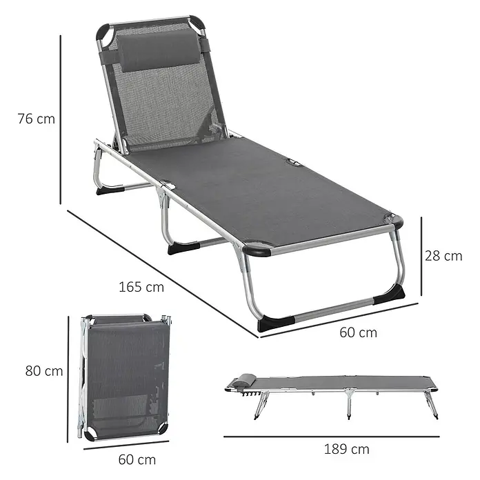 Outsunny Gartenliege - Grau, Aluminium - Graue klappbare Sonnenliege mit verstellbarer Rückenlehne und Maßen. Sie ist zusammenklappbar für einfachen Transport.