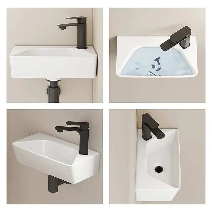 Emke Waschbecken Ceraedge CB22 - B x L: 22,5 x 40 cm, Hahnloch: Rechts, Ohne Überlauf, Weiß - Weißes wandmontiertes Waschbecken mit schwarzem Wasserhahn, aus vier Winkeln gezeigt, eines mit Wasser.