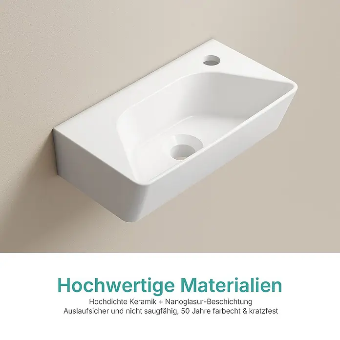 Emke Waschbecken Ceraedge CB22 - B x L: 22,5 x 40 cm, Hahnloch: Rechts, Ohne Überlauf, Weiß - Weißes rechteckiges Keramik-Wandwaschbecken mit Hahnloch und Abfluss.