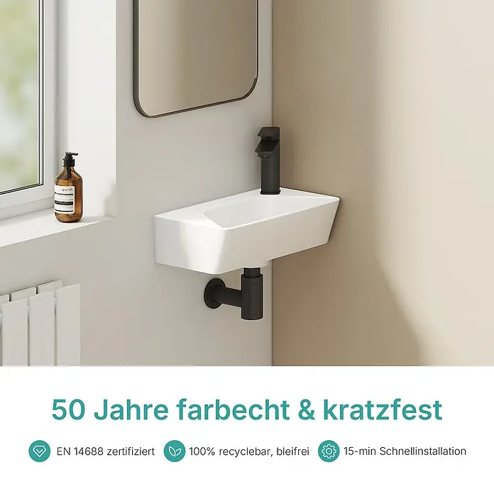Emke Waschbecken Ceraedge CB22 - B x L: 22,5 x 40 cm, Hahnloch: Rechts, Ohne Überlauf, Weiß - Kompakter weißer Wandwaschtisch mit schwarzer Armatur und Siphon.