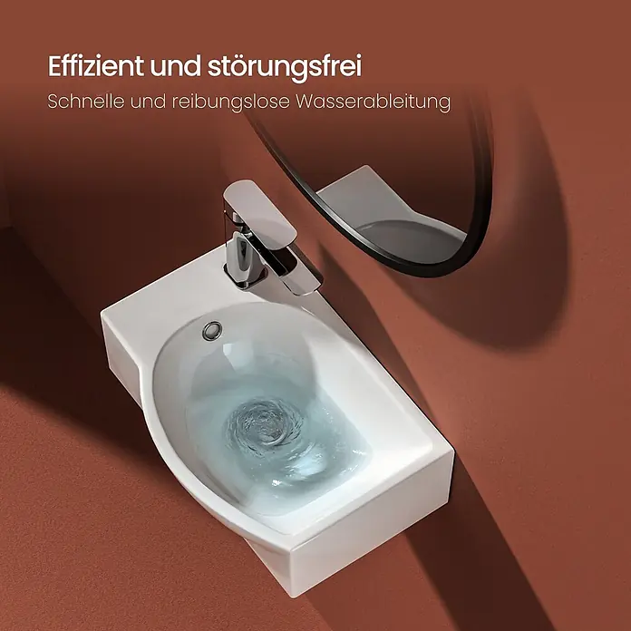 Emke Waschbecken CB14 - B x L: 28 x 40,5 cm, Hahnloch: Links, Mit Überlauf, Weiß - Weißes Waschbecken mit Chromarmatur, das effizientes Wasserabfließen zeigt. Modernes Badambiente.