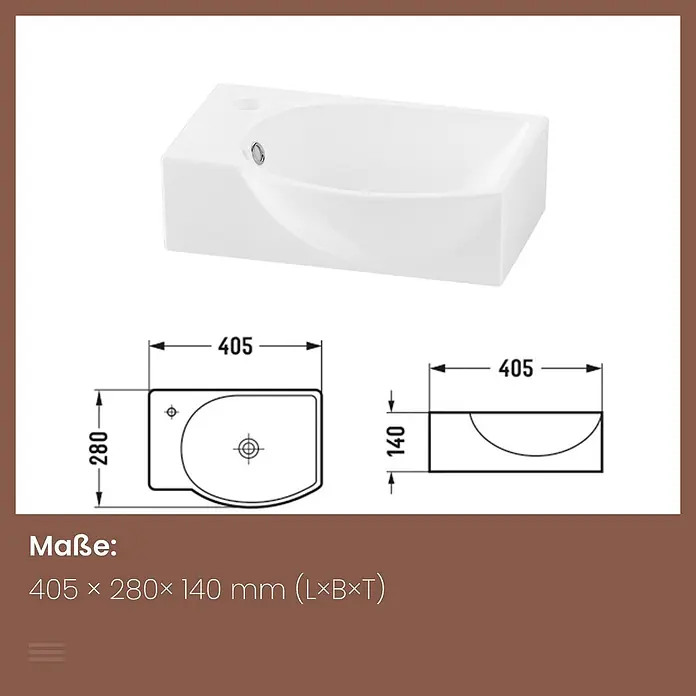 Emke Waschbecken CB14 - B x L: 28 x 40,5 cm, Hahnloch: Links, Mit Überlauf, Weiß - Weißes rechteckiges Keramik-Waschbecken mit ovaler Mulde und Maßen 405x280x140 mm.