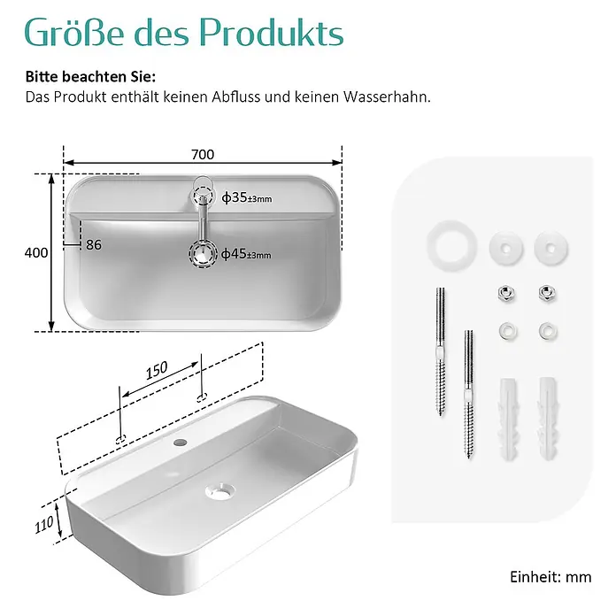 Emke Waschbecken Ceraform CB02 - Hahnloch: Mitte, Ohne Überlauf, Weiß - Weißes, rechteckiges Keramikwaschbecken mit Maßen (700x400x110 mm) und Montagezubehör. Abfluss/Wasserhahn nicht enthalten.