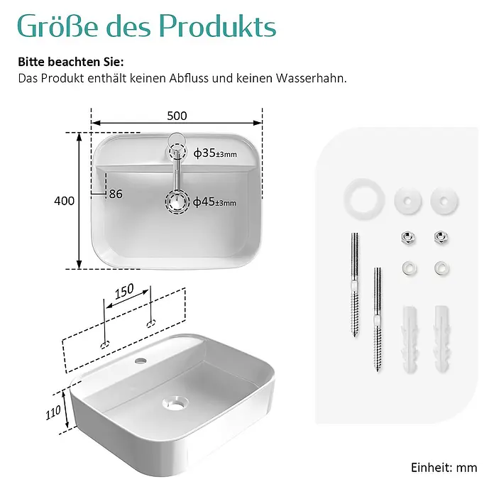 Emke Waschbecken Ceraform CB02 - Hahnloch: Mitte, Ohne Überlauf, Weiß - Weißes rechteckiges Keramikwaschbecken mit technischen Maßen für Hahn- und Abflusslöcher sowie Befestigungszubehör.