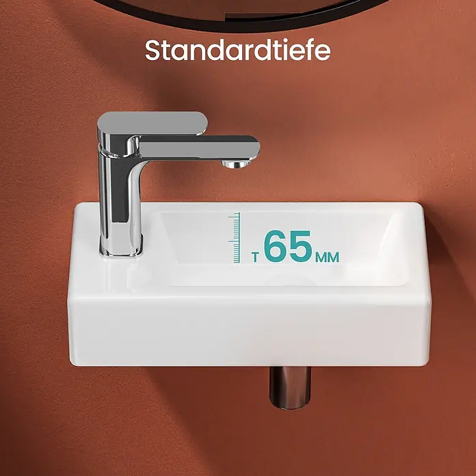 Emke Waschbecken Ceraedge CB06 - Hahnloch: Links, Ohne Überlauf, Weiß - Weißes, rechteckiges Waschbecken mit Chromarmatur, 65mm Beckentiefe, beschriftet „Standardtiefe“.