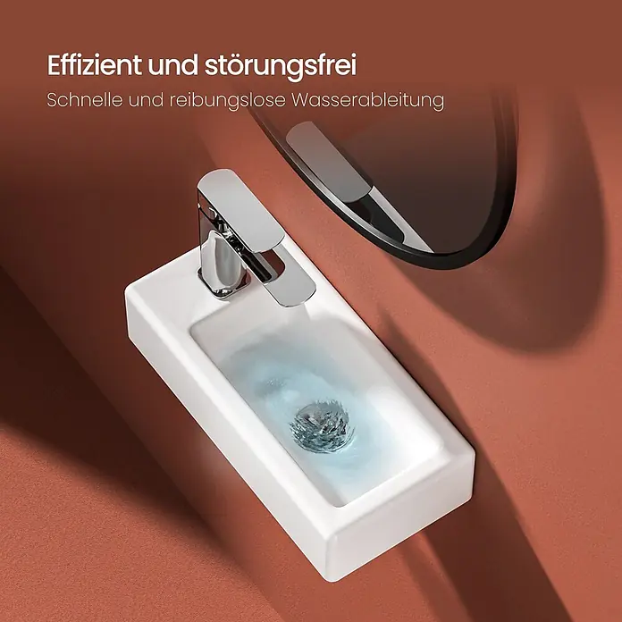 Emke Waschbecken Ceraedge CB06 - Hahnloch: Links, Ohne Überlauf, Weiß - Weißes, rechteckiges Waschbecken mit Chromarmatur und fließendem Wasser im Abfluss.
