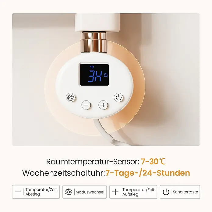 Emke Elektro-Badheizkörper ArcWarm PCTR -  - Weißer smarter Heizkörperthermostat mit blauem Digitaldisplay, das '34' anzeigt, und vier Bedientasten (Einstellungen, Minus, Plus, Ein/Aus).