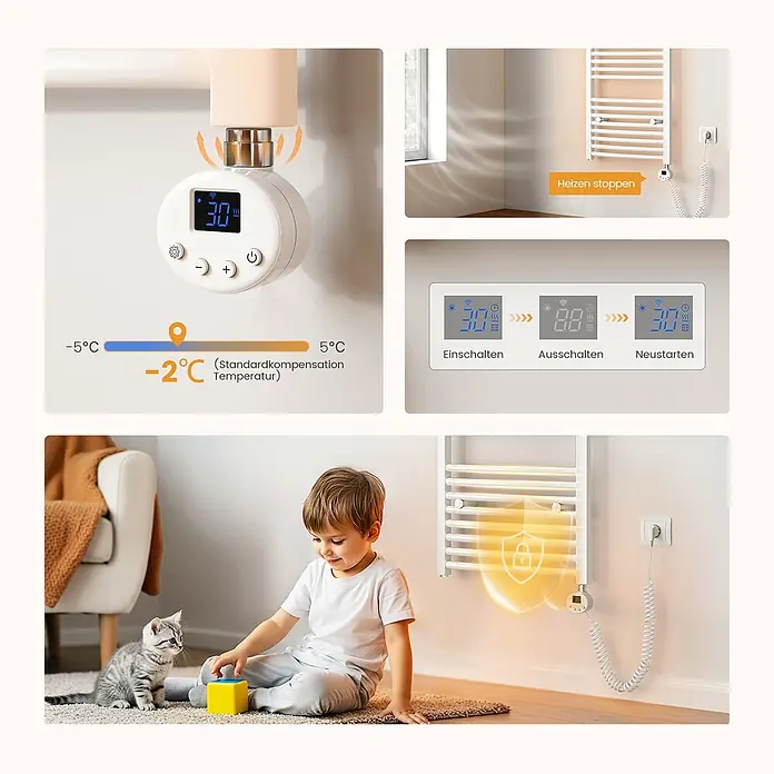 Emke Elektro-Badheizkörper ArcWarm PCTR -  - Weißes Smart-Heizkörperthermostat mit Display und ein wandmontierter Elektro-Handtuchwärmer mit Kindersicherung und Smart-Steuerung.