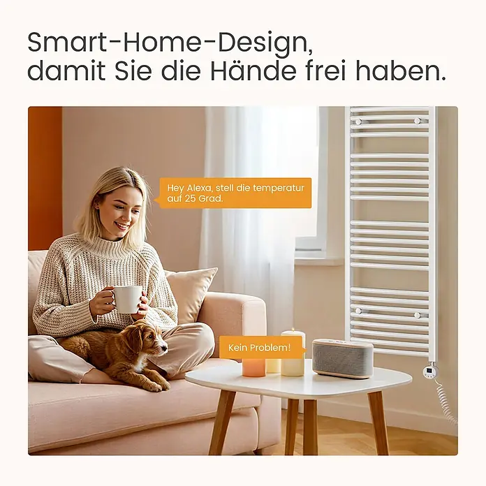 Emke Elektro-Badheizkörper ArcWarm PCTR -  - Weiße elektrische Handtuchheizung in einem intelligenten Wohnzimmer, per Sprachbefehl gesteuert.