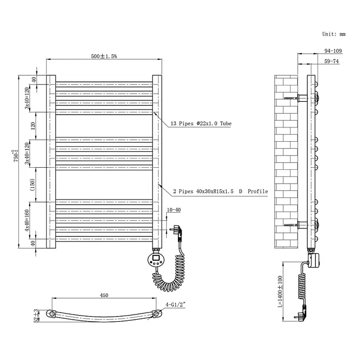 Emke Elektro-Badheizkörper ArcWarm PCTR -  - Technische Zeichnung eines elektrischen Handtuchwärmers, 500x750mm, mit Heizstäben, Wandhalterungen und Netzkabel.
