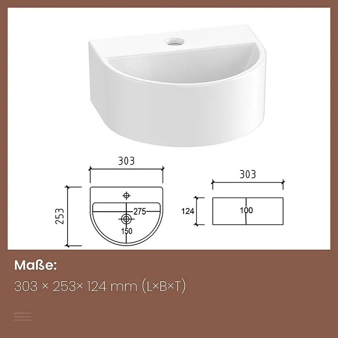 Emke Waschbecken CB16 - B x L: 25,5 x 30,3 cm, Hahnloch: Mitte, Ohne Überlauf, Weiß - Weißes Keramik-Waschbecken mit detaillierten Maßzeichnungen. Gesamtmaße: 303 x 253 x 124 mm (L x B x T).