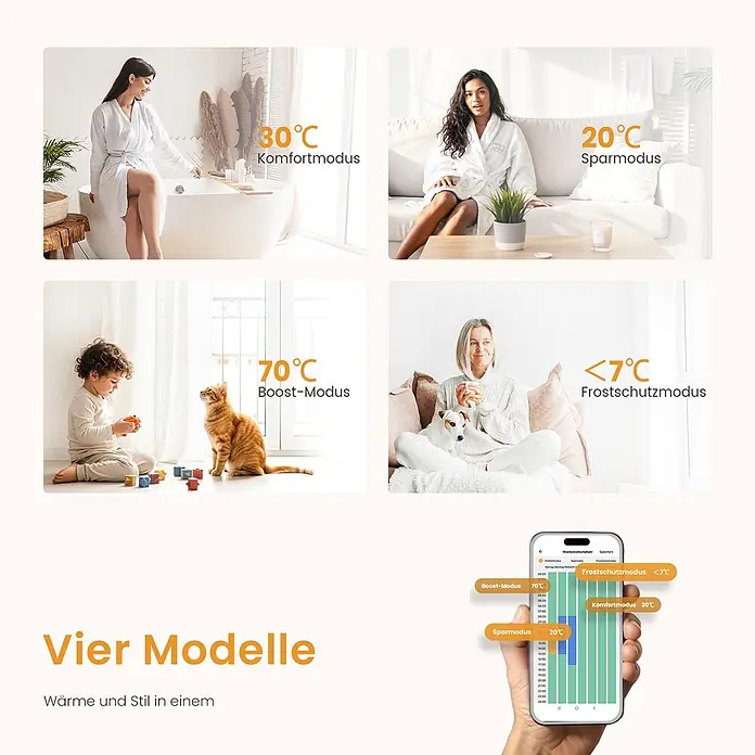 Emke Elektro-Badheizkörper Flatrad ESFTR -  - Verschiedene Heizmodi (Komfort, Eco, Boost, Frostschutz) in Lifestyle-Szenen und eine Smartphone-App zur Zeitplanung.