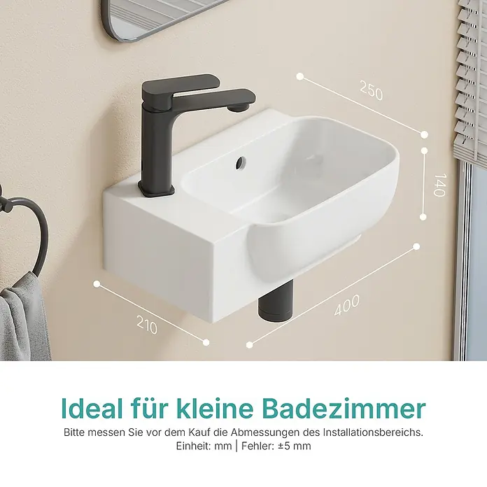 Emke Waschbecken Ceraform CB23 - B x L: 21 x 40 cm, Hahnloch: Links, Mit Überlauf, Weiß - Weißes Wandwaschbecken mit dunkelgrauer Armatur, Maßangaben für kleine Bäder.