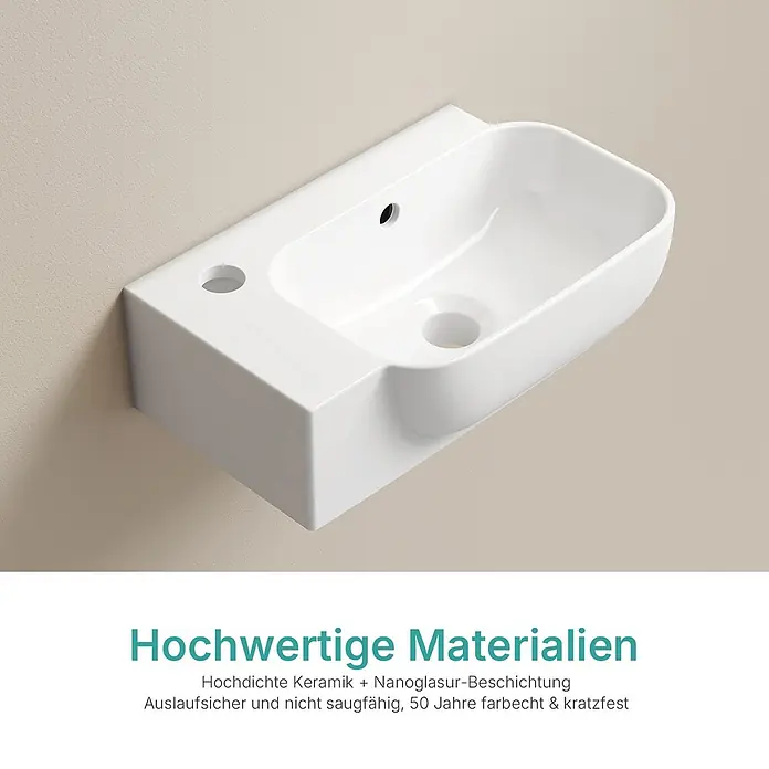 Emke Waschbecken Ceraform CB23 - B x L: 21 x 40 cm, Hahnloch: Links, Mit Überlauf, Weiß - Weißes Wandwaschbecken aus Keramik mit integriertem rechteckigem Becken, Hahnloch und Überlauf.