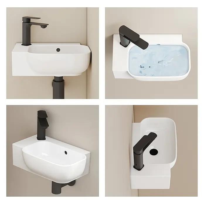 Emke Waschbecken Ceraform CB23 - B x L: 21 x 40 cm, Hahnloch: Links, Mit Überlauf, Weiß - Weißes wandhängendes Waschbecken mit schwarzem Wasserhahn, ideal für kompakte Räume.