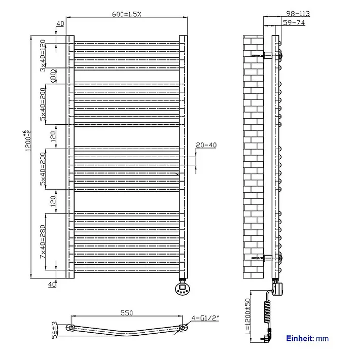 Emke Elektro-Badheizkörper ArcWarm PCTR -  - Technische Zeichnung eines beheizbaren Handtuchhalters, mit Vorder- und Seitenansicht sowie Abmessungen für die Installation.
