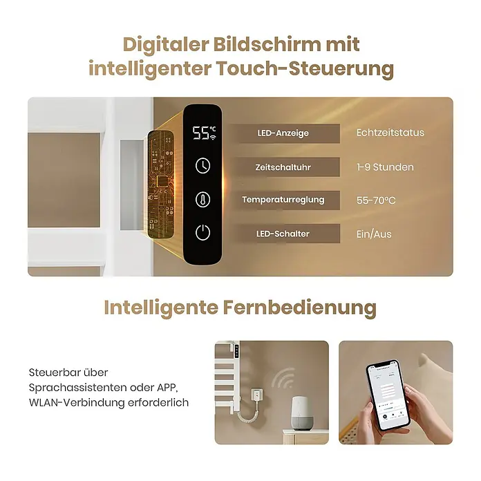 Emke Elektro-Badheizkörper Flatrad PTRX4 -  - Weißer Handtuchwärmer mit digitalem Touchscreen (55°C, Timer, Ein/Aus) und smarter Fernbedienung via App oder Sprachassistent (WLAN erforderlich).