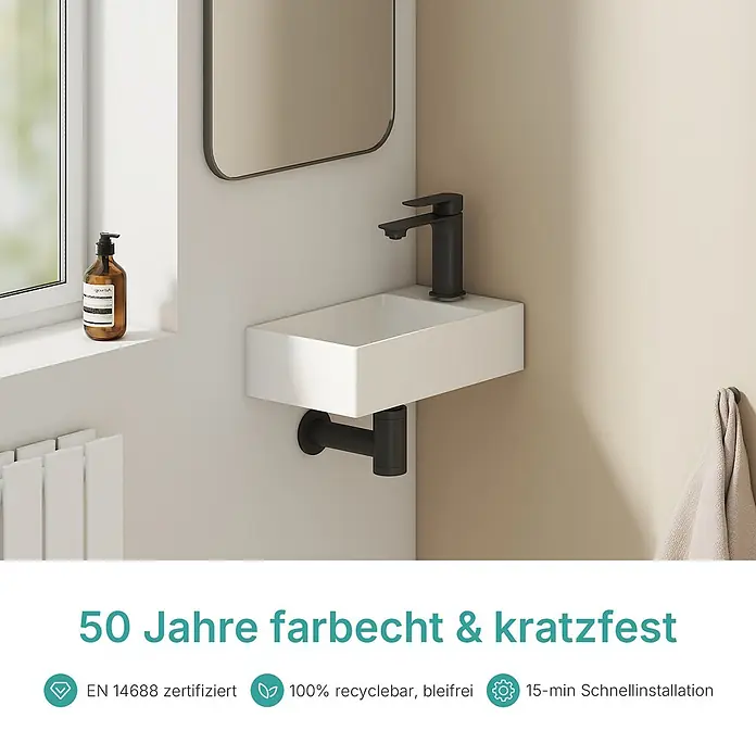 Emke Waschbecken Ceraedge CB21 - Hahnloch: Rechts, Ohne Überlauf, Weiß - Weißes, rechteckiges Wandwaschbecken mit matt-schwarzer Armatur und Siphon.