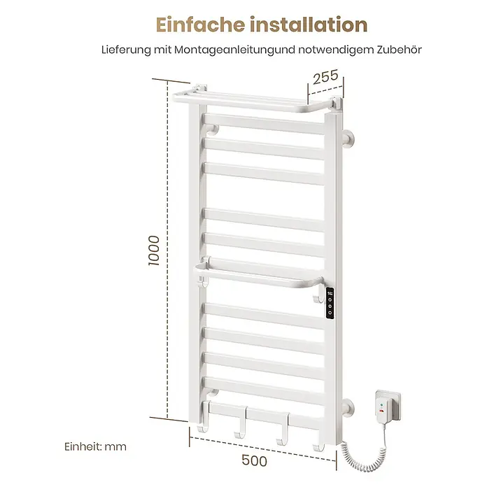 Emke Elektro-Badheizkörper Flatrad PTRX4 -  - Weißer elektrischer Handtuchwärmer mit Digitalanzeige, Ablage und Haken.