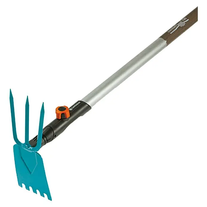 Gardena Combisystem Gartenhacke - Arbeitsbreite: 9 cm, Anzahl Zinken: 3, Stahl - Das Bild zeigt einen Gardena combisystem-Rechen mit innovativem 2-in-1-Design. Ideal für effizientes Jäten und Auflockern im Garten.