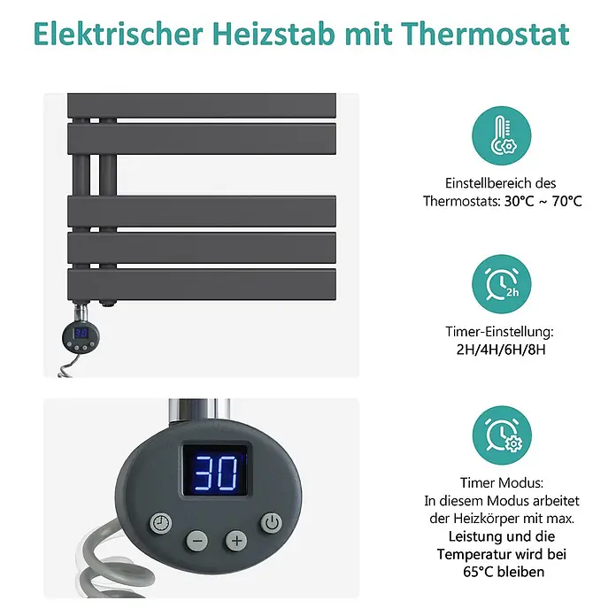 Emke Elektro-Badheizkörper Flatrad ESFTR -  - Anthrazitfarbener elektrischer Heizstab mit digitalem Thermostat, der '30' anzeigt und Einstellknöpfe hat.
