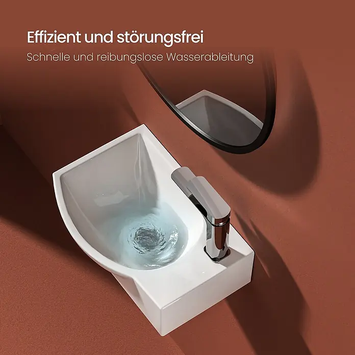 Emke Waschbecken CB14 - B x L: 28 x 40,5 cm, Hahnloch: Rechts, Mit Überlauf, Weiß - Weißes Keramikwaschbecken mit Chromarmatur, Wasser wirbelt in den Abfluss, was eine effiziente Entwässerung zeigt.