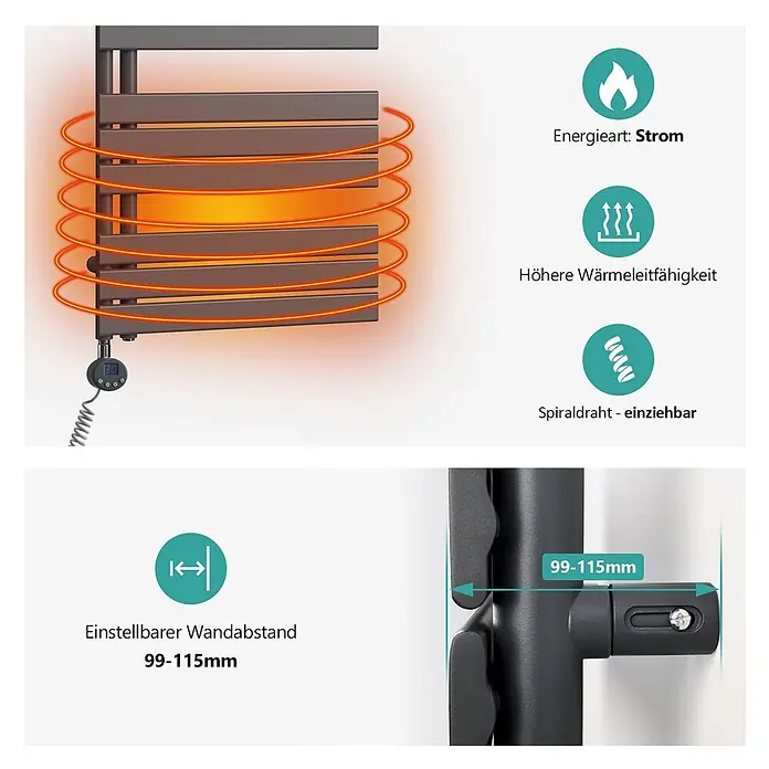 Emke Elektro-Badheizkörper Flatrad ESFTR -  - Dunkelgrauer elektrischer Handtuchwärmer mit glühenden Heizelementen, Digitalanzeige und einstellbarem Wandabstand.