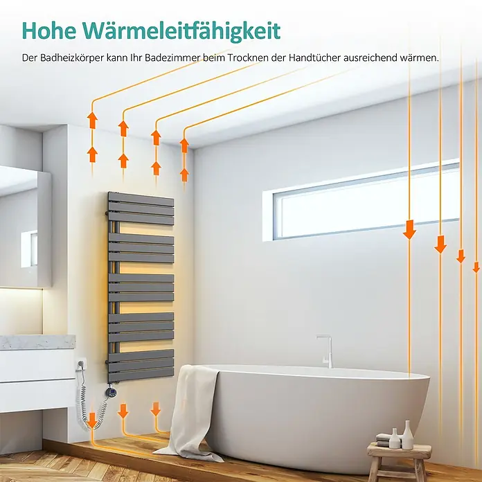 Emke Elektro-Badheizkörper Flatrad ESFTR -  - Grauer Handtuchheizkörper in einem modernen Badezimmer, der die Wärmeverteilung zum Trocknen von Handtüchern und zum Heizen des Raumes zeigt.