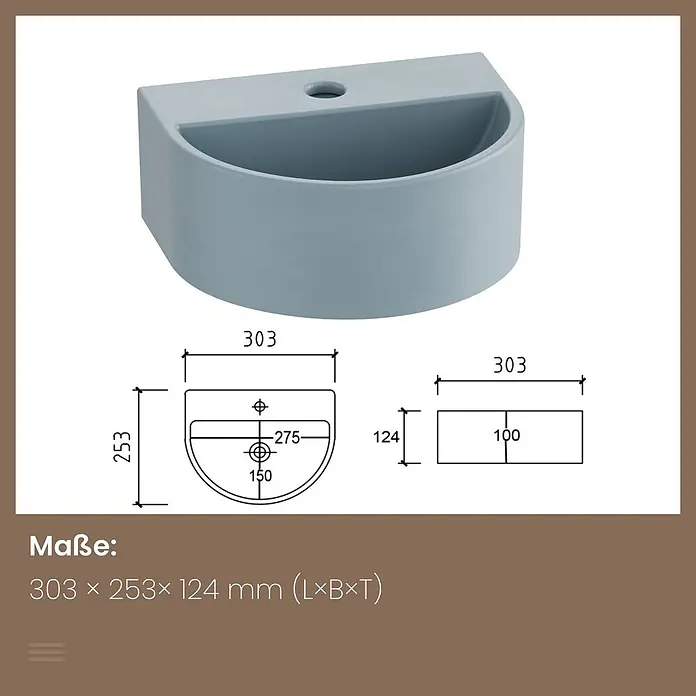 Emke Waschbecken CB16 - Hahnloch: Mitte, Ohne Überlauf, Hellgraublau - Hellblaues, halbrundes Waschbecken mit Armaturloch, Maße 303x253x124mm.