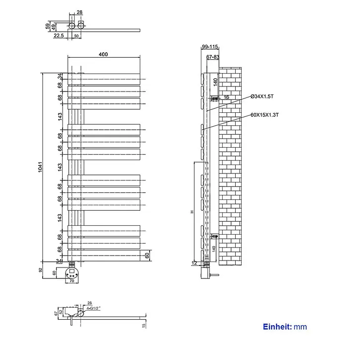 Emke Elektro-Badheizkörper Flatrad ESFTR -  - Technische Zeichnung eines Badheizkörpers mit Maßen, Wandmontage- und Anschlussdetails.