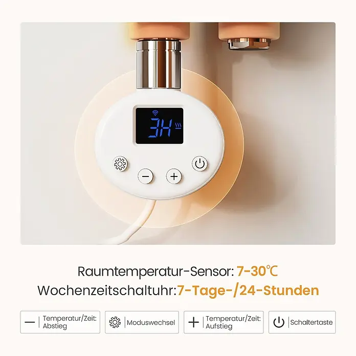Emke Elektro-Badheizkörper Flatrad ESFTR -  - Weißer runder Heizkörperthermostat mit Digitalanzeige und Bedientasten.
