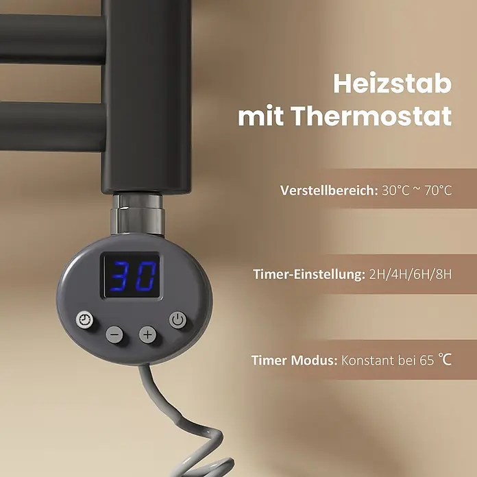 Emke Elektro-Badheizkörper ArcWarm PCTR - B x H: 50 x 75 cm - Dunkelgrauer Heizstab mit digitalem Thermostat, zeigt '30' an und hat Timer-Funktion sowie Temperaturregler.