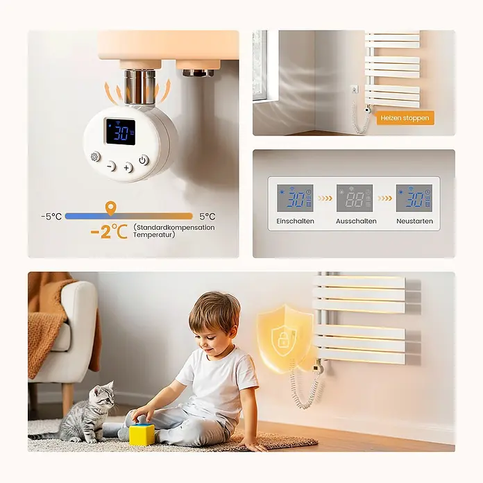 Emke Elektro-Badheizkörper Flatrad ESFTR -  - Intelligenter weißer Heizkörperthermostat mit Digitalanzeige und Bedienelementen, zeigt Heizfunktionen und einen kindersicheren Handtuchwärmer.