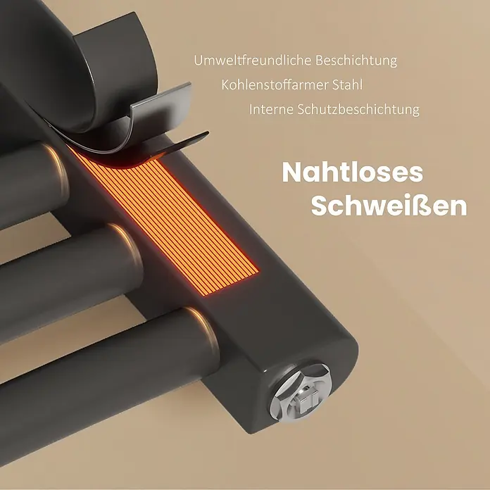 Emke Elektro-Badheizkörper ArcWarm PCTR - B x H: 50 x 75 cm - Dunkelgraues Heizkörperelement im Querschnitt, das glühendes Inneres, Schutzschichten und eine Endschraube zeigt.