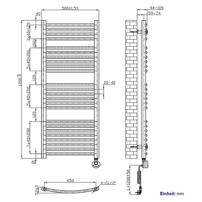 Emke Elektro-Badheizkörper ArcWarm PCTR -  - Wandmontierter Elektro-Handtuchwärmer mit mehreren horizontalen Heizstäben, dargestellt mit Maßen und elektrischem Anschluss.