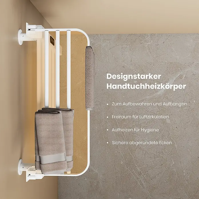 Emke Elektro-Badheizkörper Flatrad PTRX4 - B x H: 50 x 50 cm - Weißer Wand-Handtuchheizkörper mit Handtüchern.
