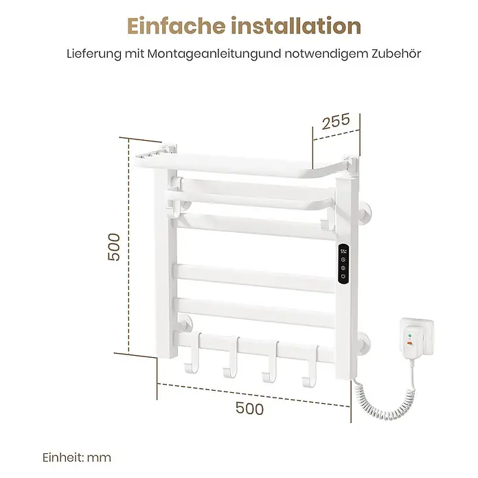 Emke Elektro-Badheizkörper Flatrad PTRX4 - B x H: 50 x 50 cm - Weißer elektrischer Handtuchwärmer mit Maßen 500x500x255 mm, Haken und digitaler Temperaturanzeige, für einfache Installation.