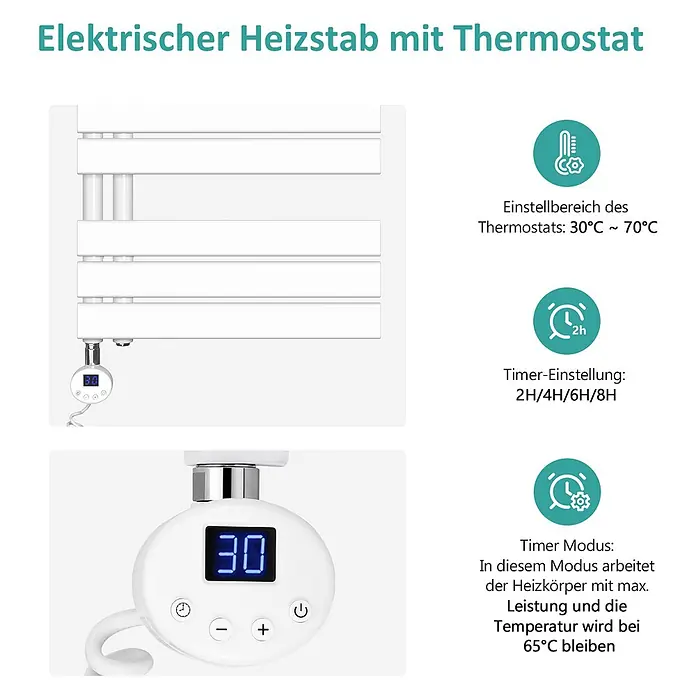 Emke Elektro-Badheizkörper Flatrad ESFTR -  - Weißer elektrischer Heizstab mit digitalem Thermostat und Bedientasten für einen Handtuchheizkörper.