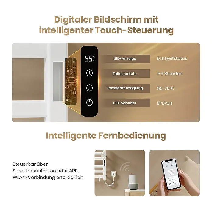 Emke Elektro-Badheizkörper Flatrad PTRX4 - B x H: 50 x 50 cm - Digitaler Bildschirm mit Touch-Steuerung für smarten Handtuchwärmer, zeigt Temperatur und Timer. Fernsteuerung per App oder Sprachassistent möglich.
