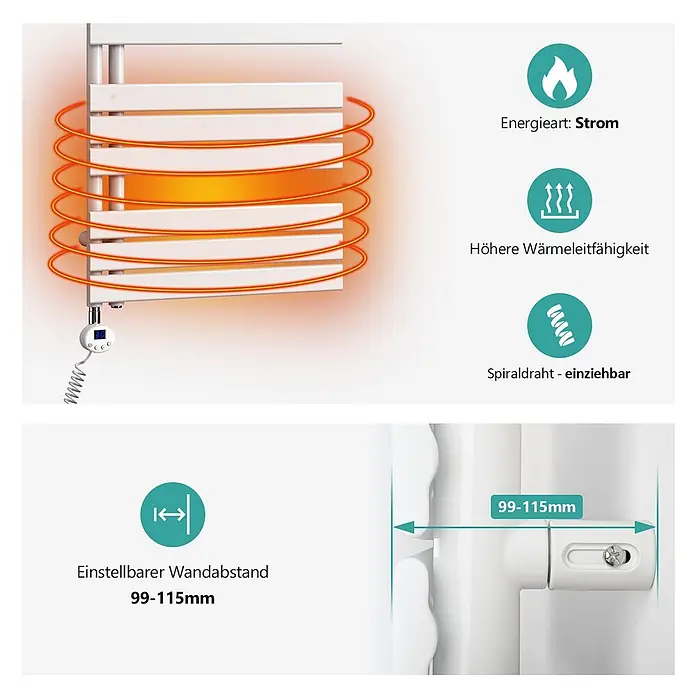 Emke Elektro-Badheizkörper Flatrad ESFTR -  - Weißer elektrischer Handtuchwärmer mit Heizelementen, Digitalthermostat und einstellbarem Wandabstand.