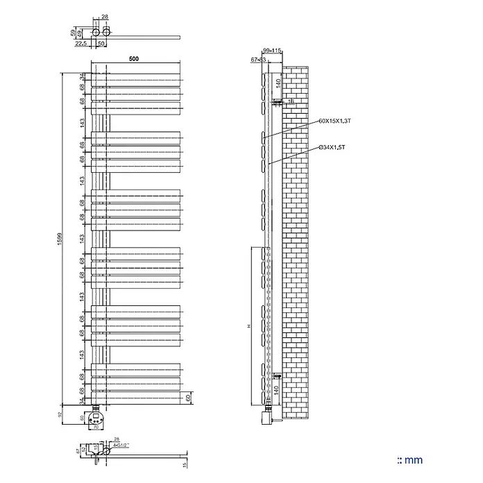 Emke Elektro-Badheizkörper Flatrad ESFTR - B x H: 50 x 160 cm - Technische Zeichnung eines vertikalen Handtuchheizkörpers mit Rechteck- und Rundrohren, inklusive Installationsmaßen.