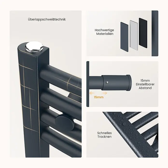 Emke Elektro-Badheizkörper ArcWarm PCTR -  - Dunkelgrauer Handtuchheizkörper, der hochwertige Materialien, Überlappschweißtechnik, einen verstellbaren Wandabstand und schnelles Trocknen zeigt.