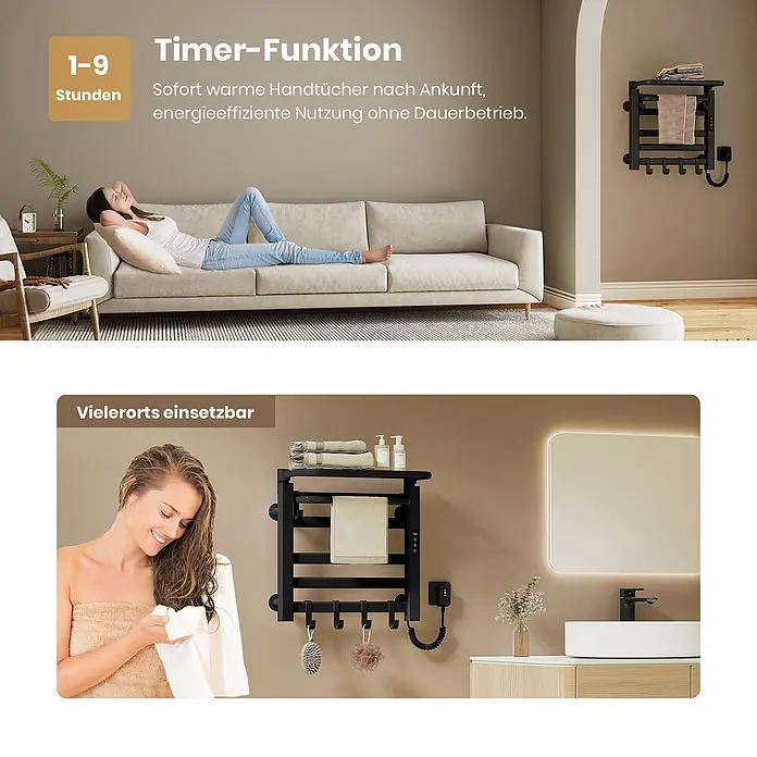 Emke Elektro-Badheizkörper Flatrad PTRX4 - B x H: 50 x 50 cm - Schwarzer beheizter Handtuchhalter im Badezimmer und Wohnbereich, der die Timer-Funktion und vielseitige Einsatzmöglichkeiten demonstriert.