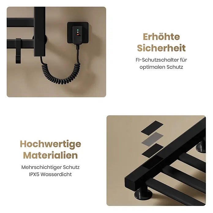 Emke Elektro-Badheizkörper Flatrad PTRX4 - B x H: 50 x 50 cm - Schwarzer elektrischer Handtuchwärmer mit FI-Schutzschalter und wasserdichter, mehrschichtiger Materialkonstruktion.