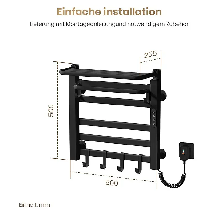 Emke Elektro-Badheizkörper Flatrad PTRX4 - B x H: 50 x 50 cm - Schwarzer beheizter Handtuchhalter mit Ablage und Haken, 500x500x255mm.
