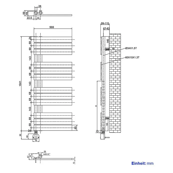 Emke Elektro-Badheizkörper Flatrad ESFTR -  - Technische Zeichnung eines Wand-Handtuchheizkörpers mit Installationsmaßen.