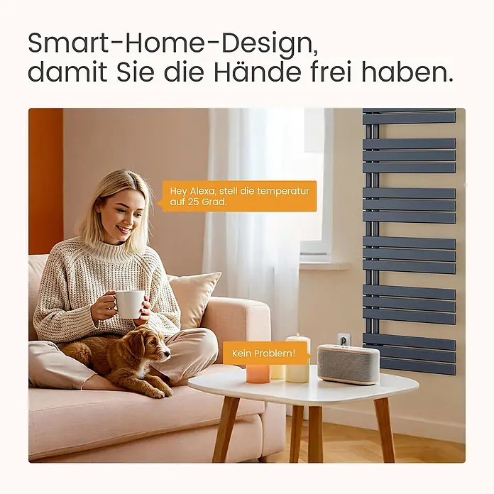 Emke Elektro-Badheizkörper Flatrad ESFTR - B x H: 60 x 160 cm - Freihändiges Smart Home: Frau entspannt, während ein Smart Speaker per Sprachbefehl einen modernen Wandheizkörper reguliert.