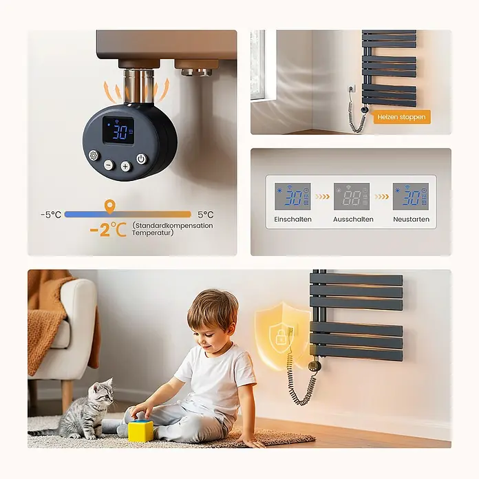 Emke Elektro-Badheizkörper Flatrad ESFTR - B x H: 60 x 160 cm - Smarter Thermostatventil und ein elektrischer Handtuchwärmer in einem Raum, mit Frostschutzfunktion und Kindersicherung.