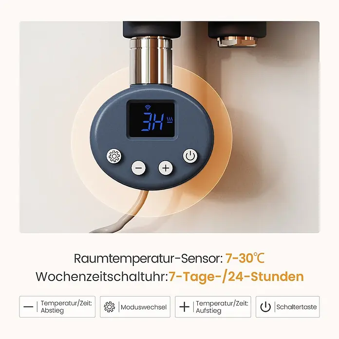 Emke Elektro-Badheizkörper Flatrad ESFTR - B x H: 60 x 160 cm - Runder, dunkelgrauer digitaler Thermostat mit blauer Anzeige und Bedientasten, an einem Rohr montiert.