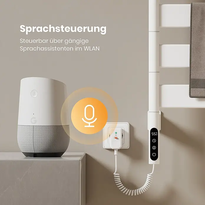 Emke Elektro-Badheizkörper Flatrad PFR -  - Weißer elektrischer Handtuchwärmer mit Digitalanzeige, Smart Plug und Smart Speaker demonstrieren Sprachsteuerung.